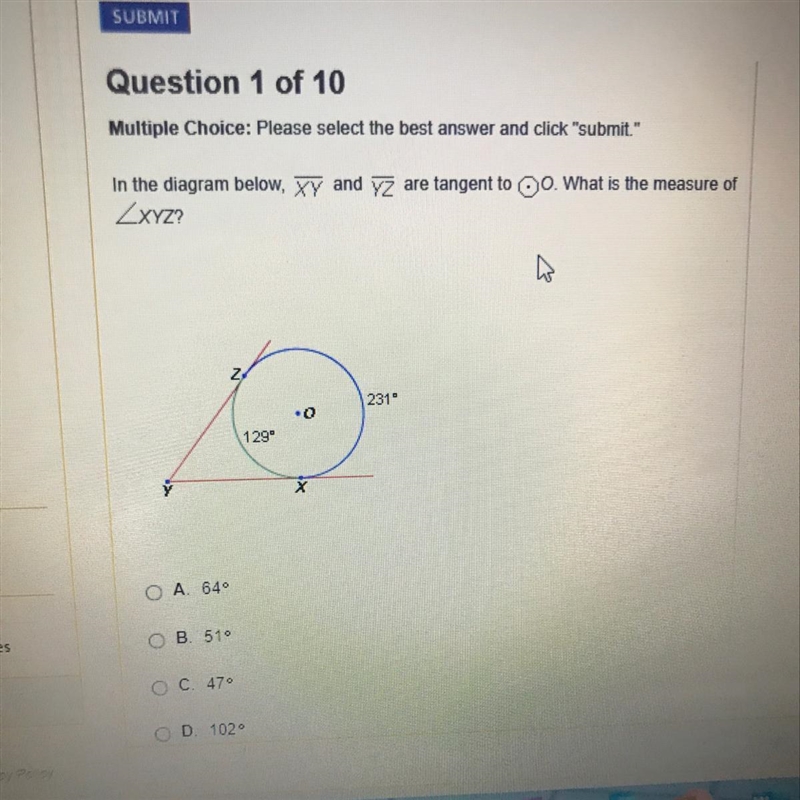 In the diagram below, XY and YX are tangent to o . what is the measure of XYZ ?-example-1