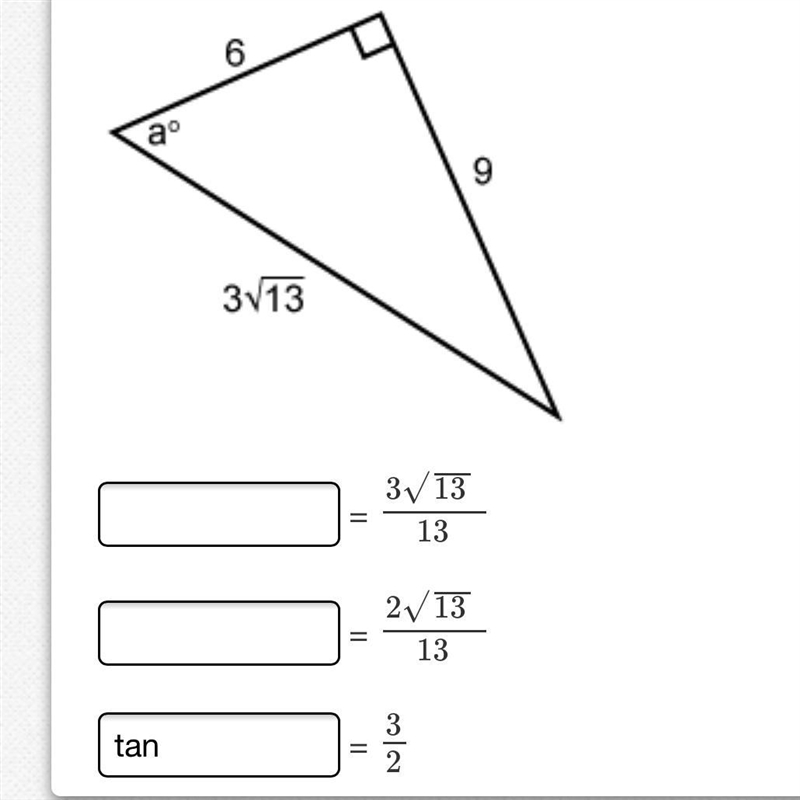 Question about trig ratios Which trigonometric ratio for a˚ belongs with each value-example-1