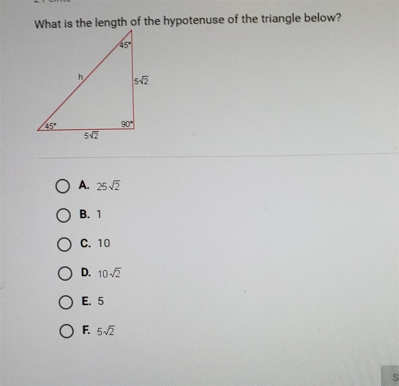 What is the length of the hypotenuse of the triangle below? ​-example-1