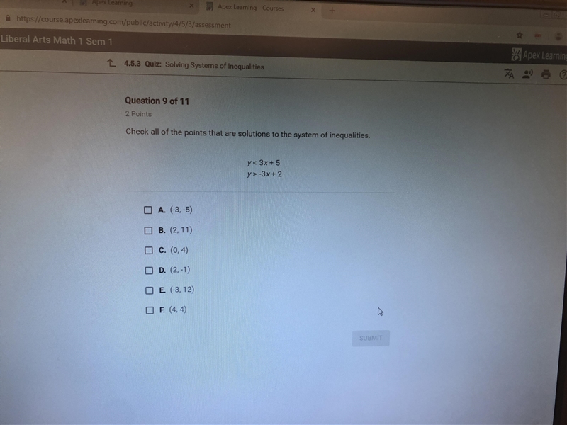 Check all of the points that are solutions to the system of inequalities.-example-1