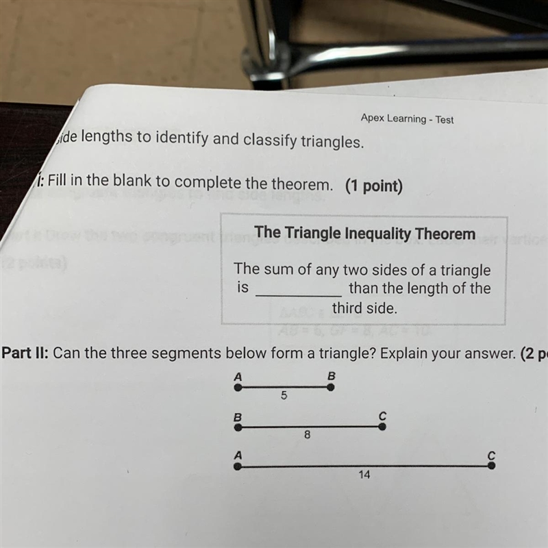 Can the three segments below form a triangle-example-1