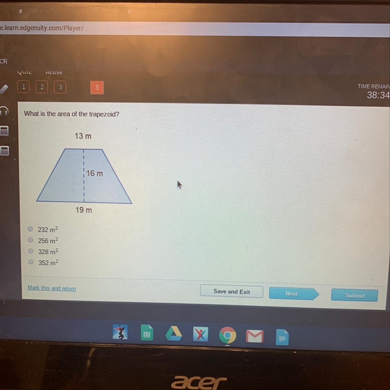 What is the area of the trapezoid? 13 m 16 m 19 m 232 m2 256 m2 328 m2 352 m2-example-1