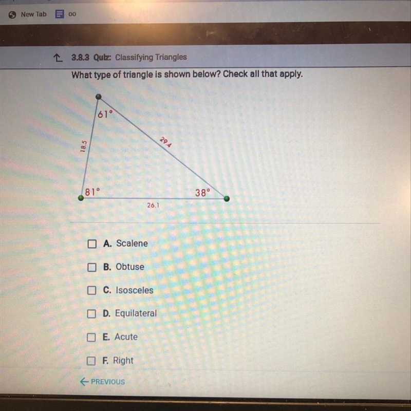 What type of triangle is shown below? Check all that apply. A. Scalene B. Obtuse C-example-1