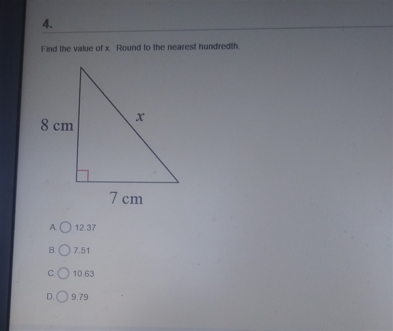 Find the value of x . round the nearest hundredth . A.12.37 B.7.51 C.10.63 D.9.79-example-1