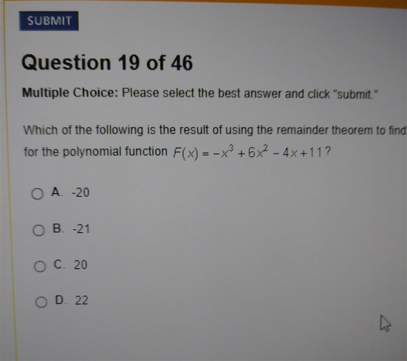 which of the following is the result of using the remainder theorem to find F(-1) for-example-1