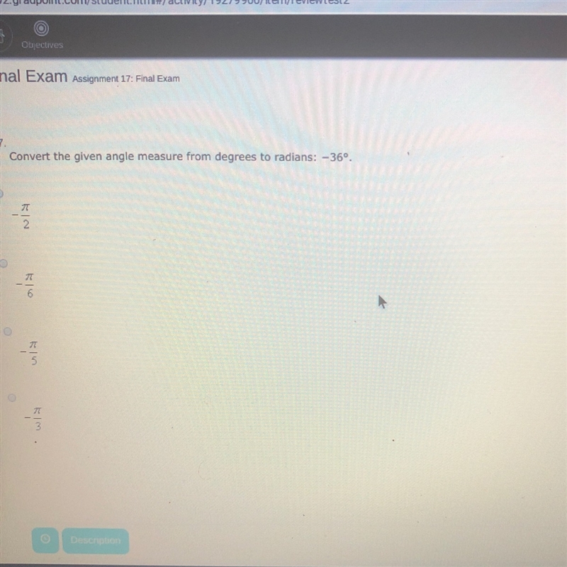 Convert the given angle measure from degrees to radians:-36°-example-1