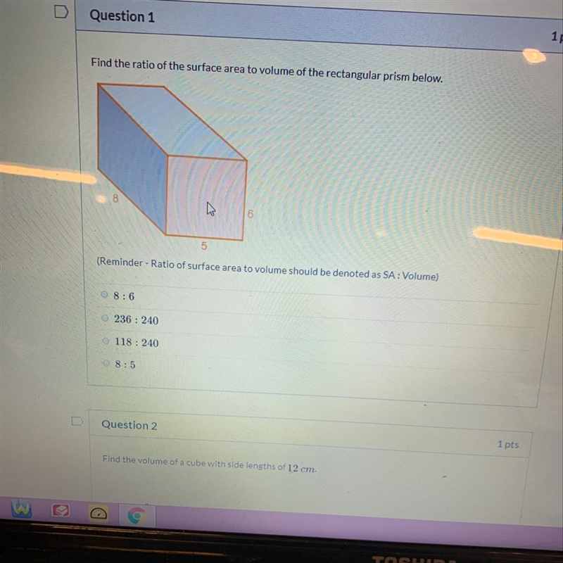 Find the ratio of the surface area to volume of the rectangular prism brlow-example-1