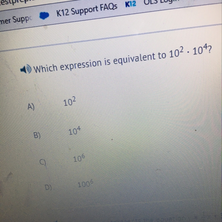 Which expression is equivalent to 10^2 • 10^4-example-1