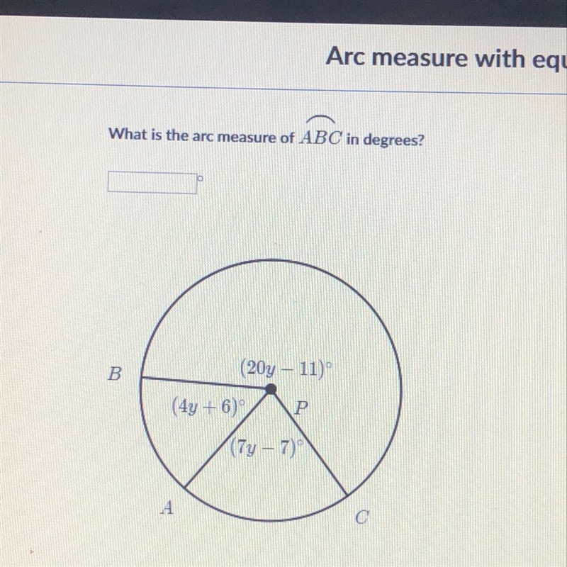 What is the arc measure of ABC in degrees?-example-1