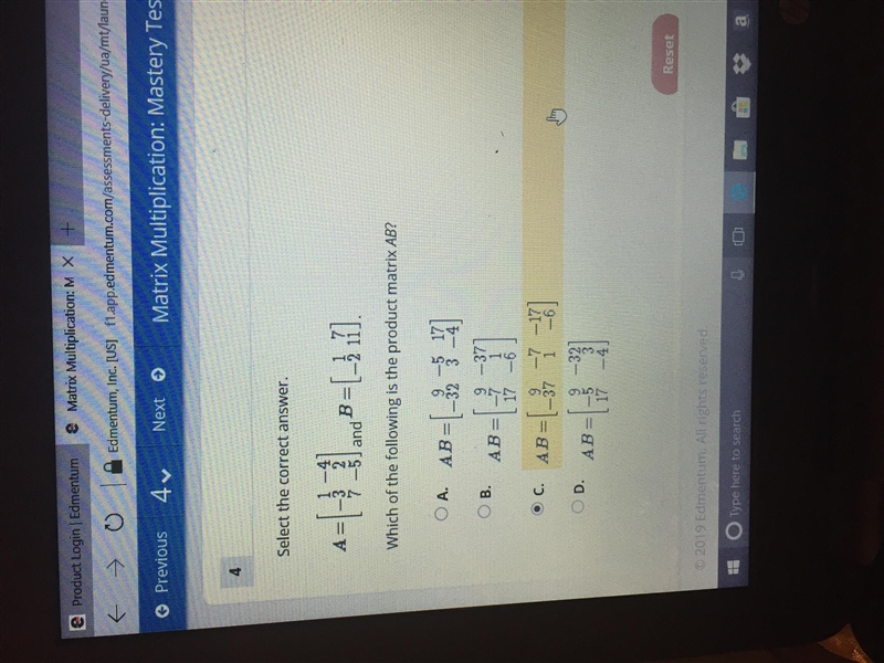 Which of the following is the product matrix AB-example-1