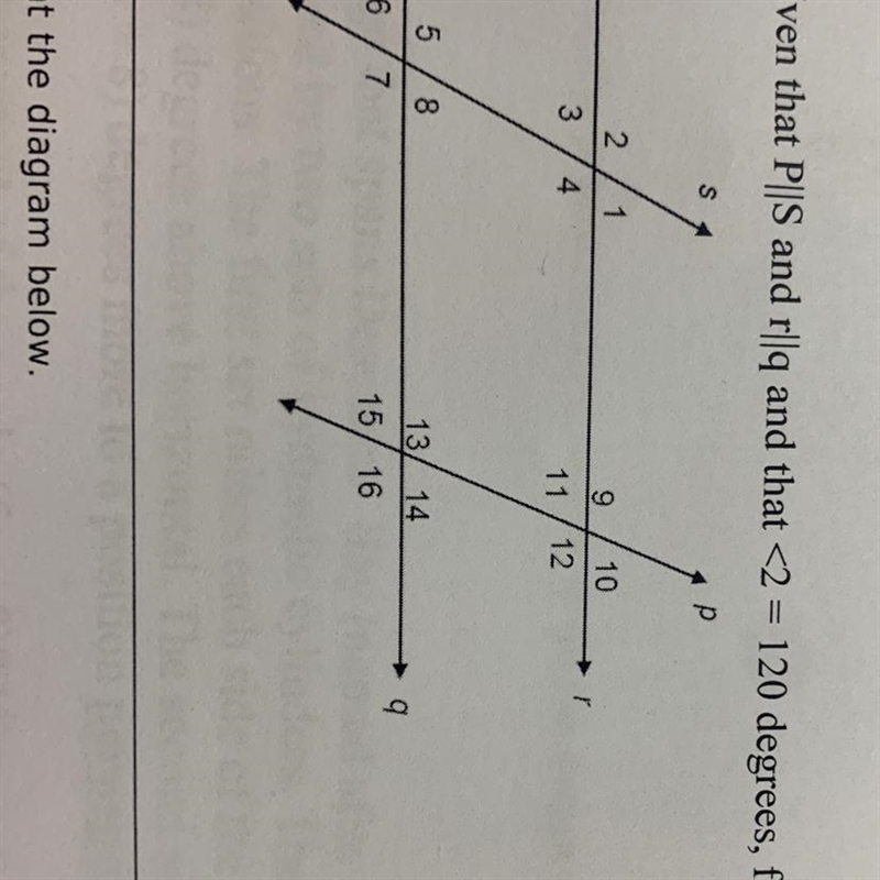 3. Given that P||S and r||q and that <2 = 120 degrees, find m<6. A. 30 degrees-example-1