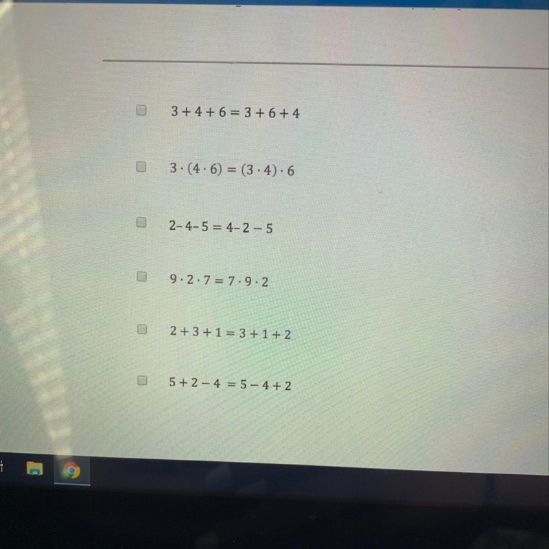 Which of the following illustrate the commutative property? select all that apply-example-1