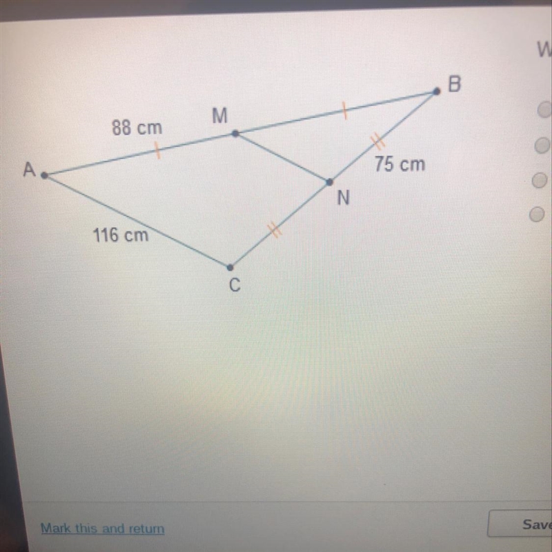 What is the length of MN? A. 58 cm B. 75 cm C. 88 cm D. 116 cm-example-1