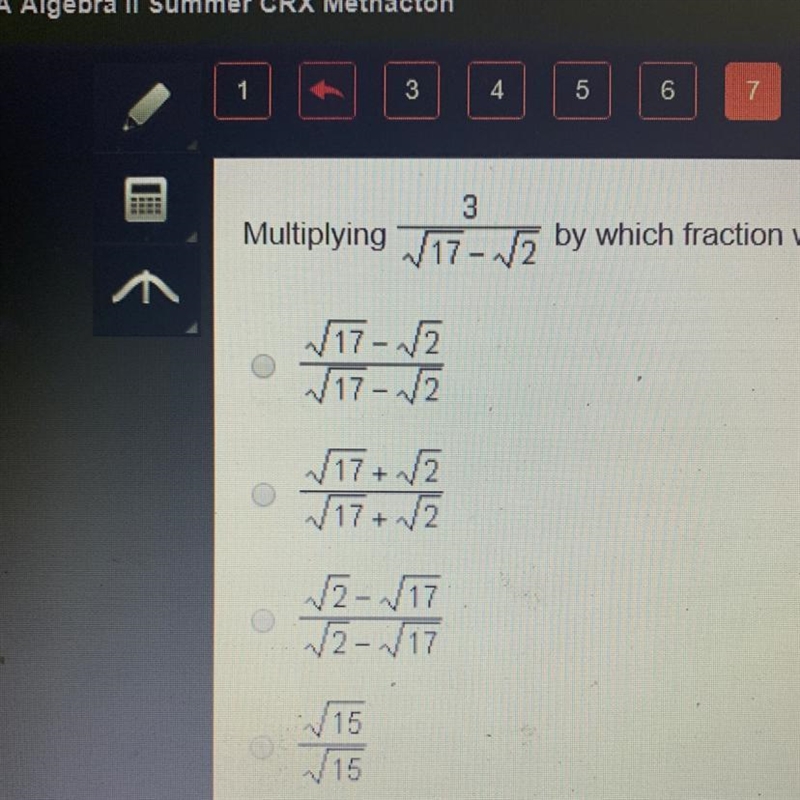 Multiply 3/sqrt17- sqrt2 by which fraction will produce an equivalent fraction with-example-1