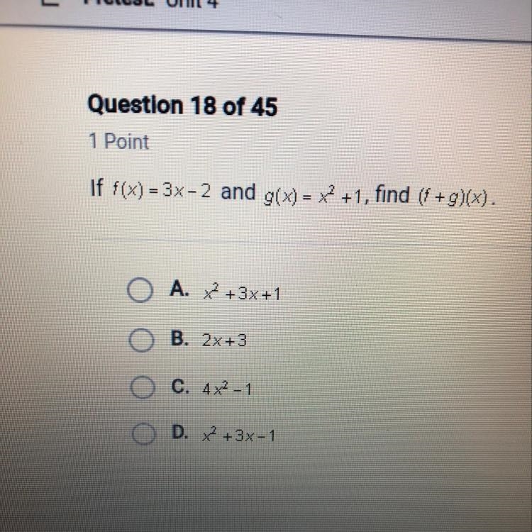 If f(x) = 3x-2 and g(x)= x^2 +1, find (f+g)(x).-example-1