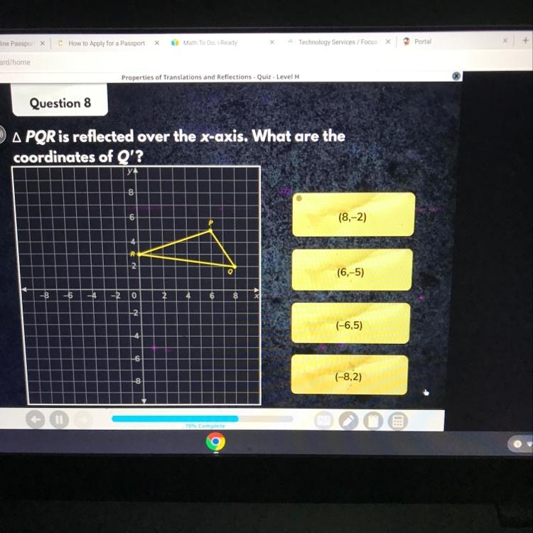 O A PQR is reflected over the x-axis. What are the coordinates of O'?-example-1