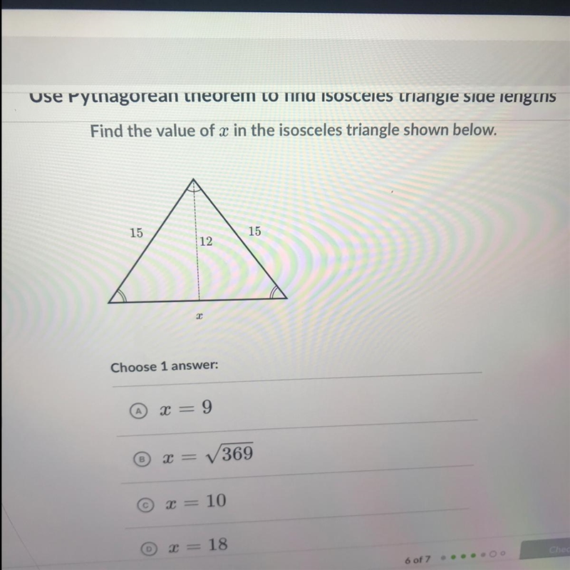 Find the value of x in the isosceles triangle shown below. 15-example-1