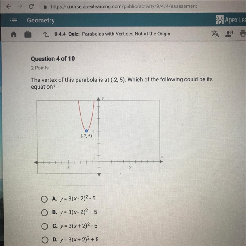 The vertex of this parabola is at (-2,5) which of the following could be its equation-example-1