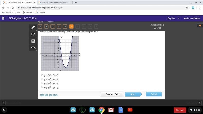 Which quadratic inequality does the graph below represent? NEED TO KNOW BEFORE 14 MINUTES-example-1