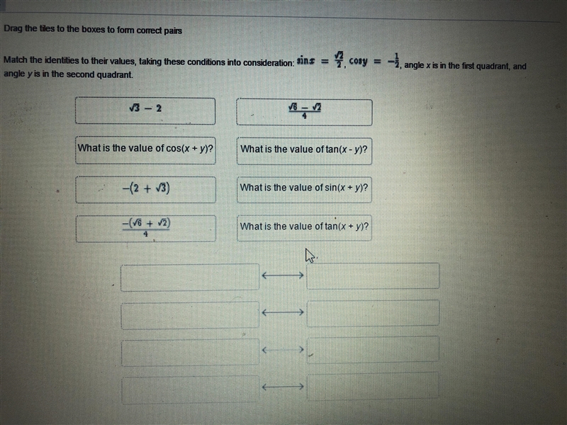 Match the identities to their values taking these conditions into consideration sinx-example-1