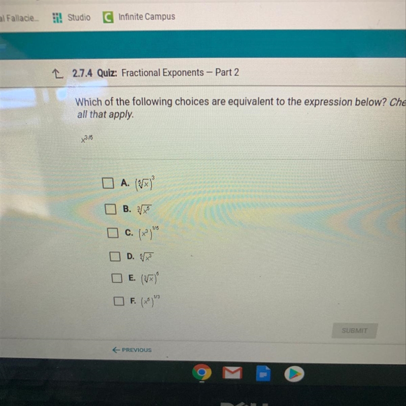 Which of the following choices are equivalent to the expression below ? X^3/5-example-1