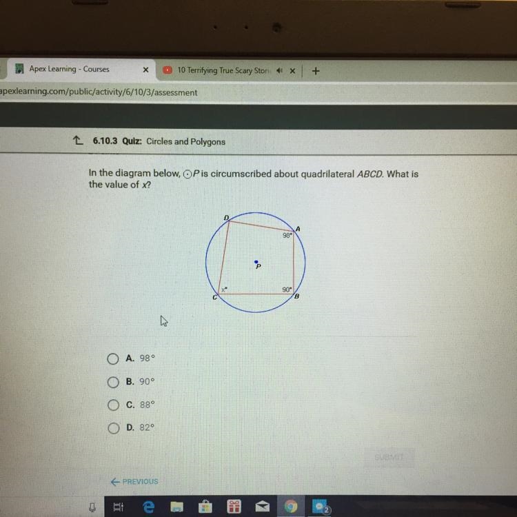 In the diagram below P is the circumscribed about quadrilateral ABCD. What is the-example-1