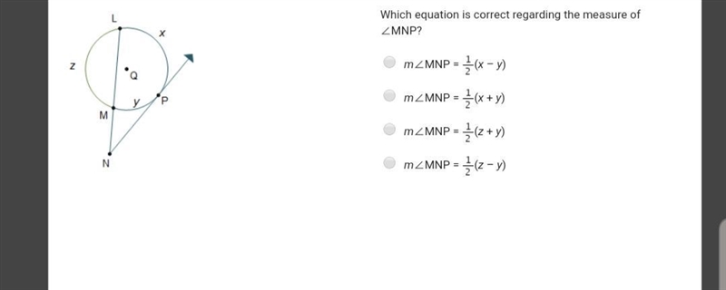 Circle Q is shown. Secant L N and tangent P N intersect at point N outside of the-example-1