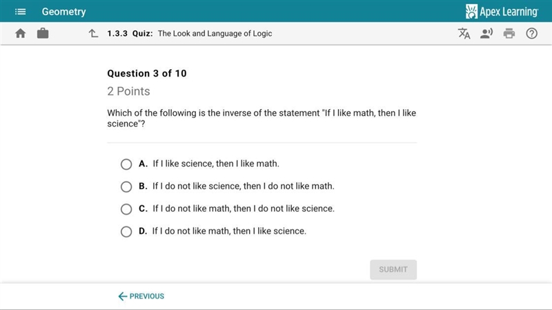 Which of the following of the statement “if i like math, then i like science-example-1