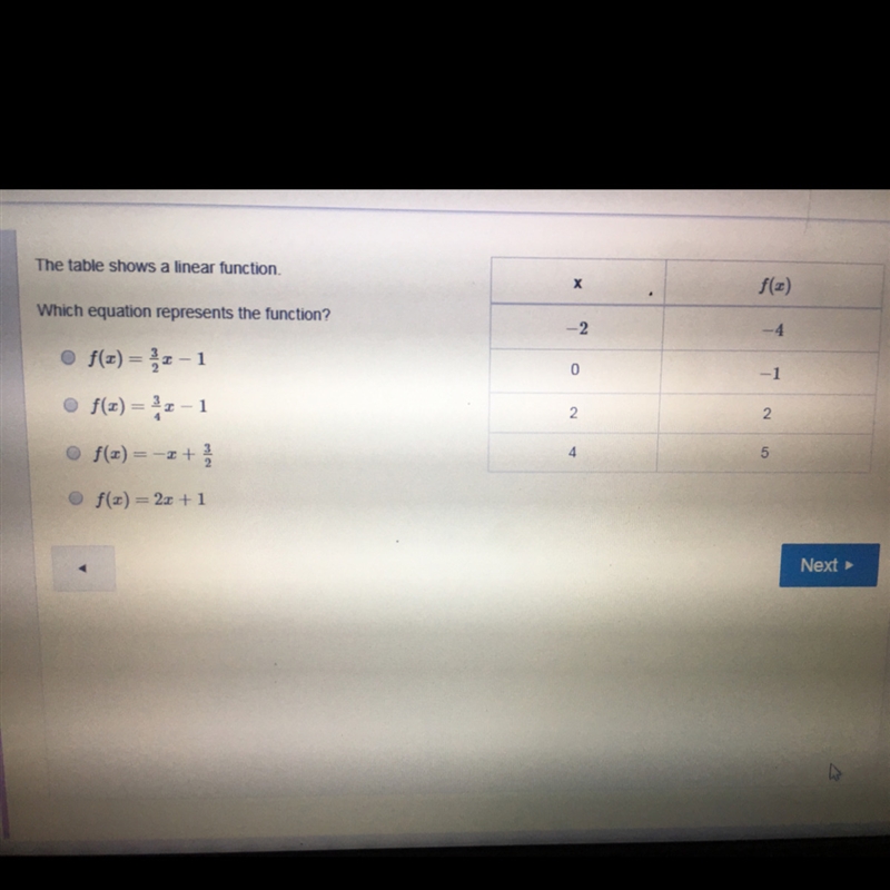 The table shows a linear function. Which equation represents the function.-example-1