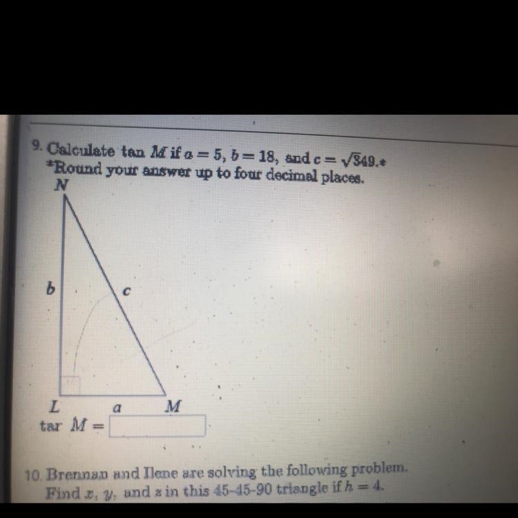 Calculate tan M if a = 5, b = 18, and c = the square root of 349-example-1