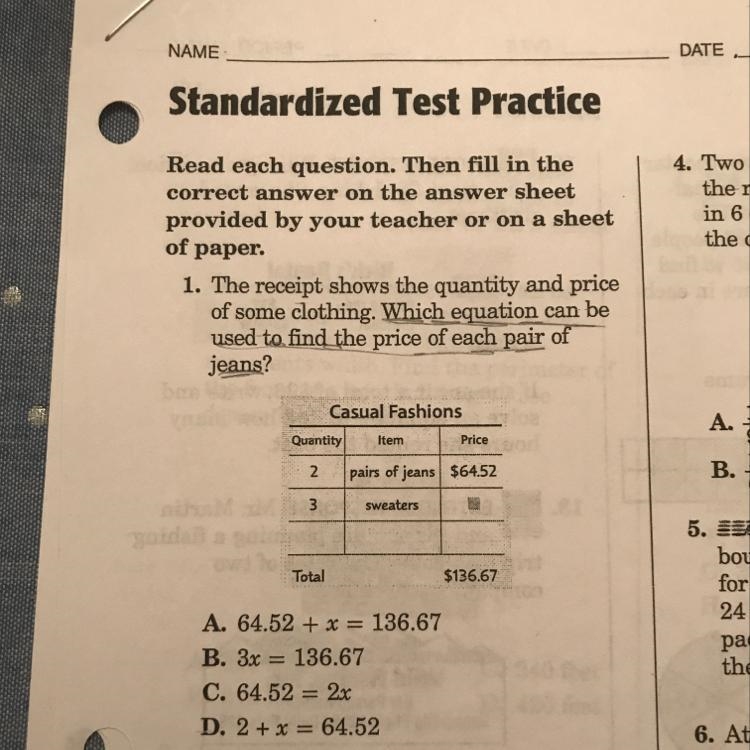 The receipt shows the quantity and price of some clothing. Which equation can be used-example-1