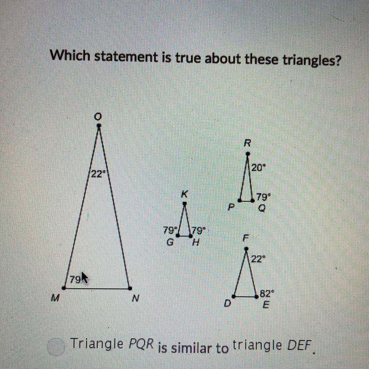 Which statement is true about these triangles? A. Triangle PQR is similar to Triangle-example-1