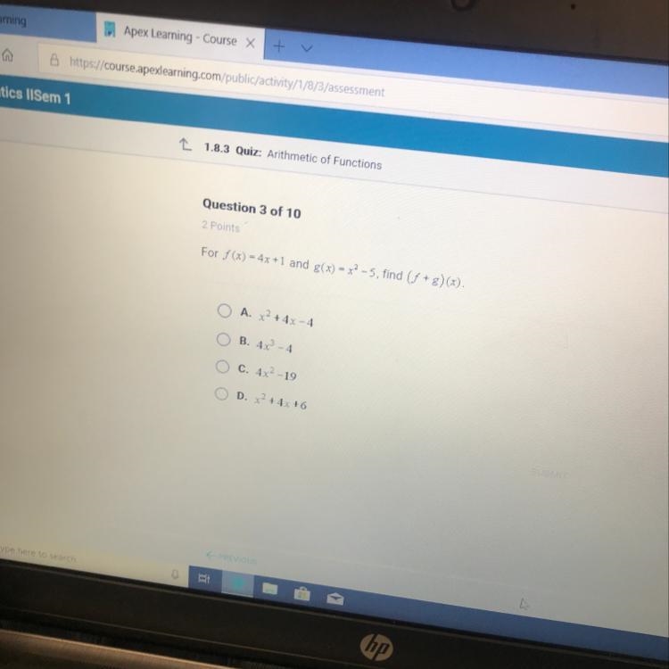 For f(x) =4x+1 and g(x) =x^2-5, find (f+g)(x)-example-1