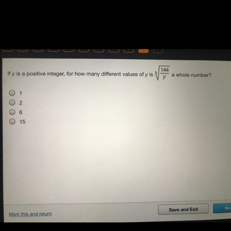 If y is a positive integer, for how many different values of y is sqrt ^ 3 144 / y-example-1