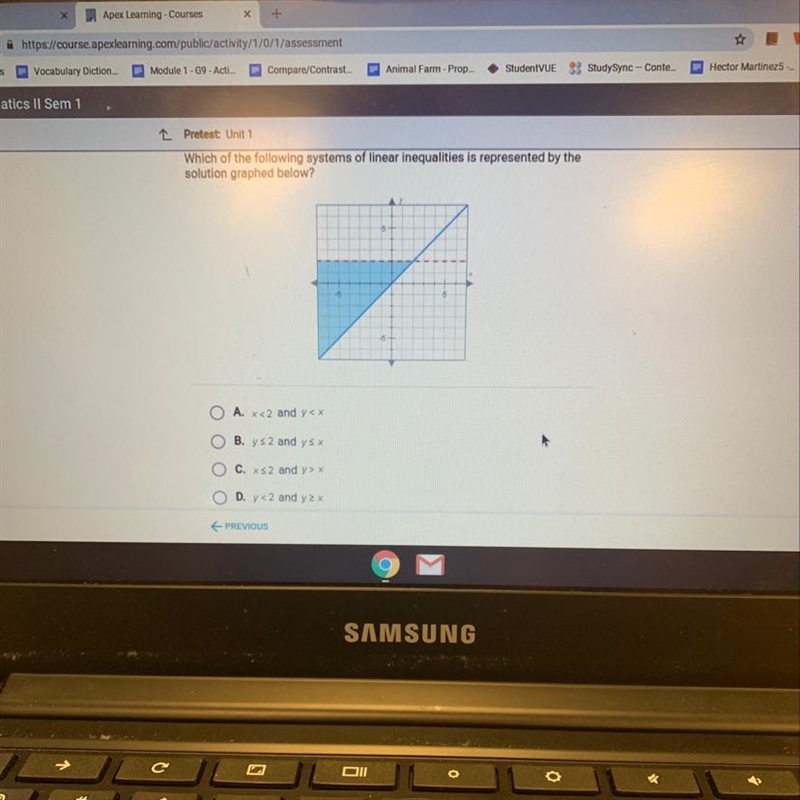 Which of the following systems of linear inequalities is represented by the solution-example-1