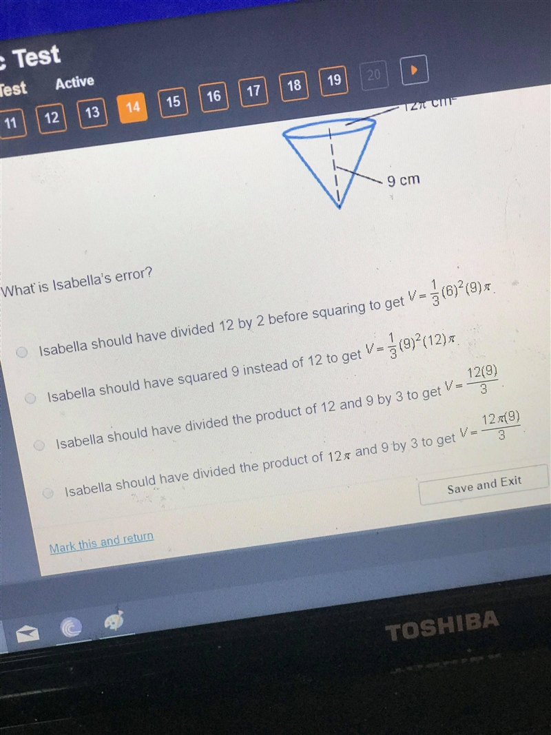 Isabella uses the equation to find the volume of the cone below.-example-1