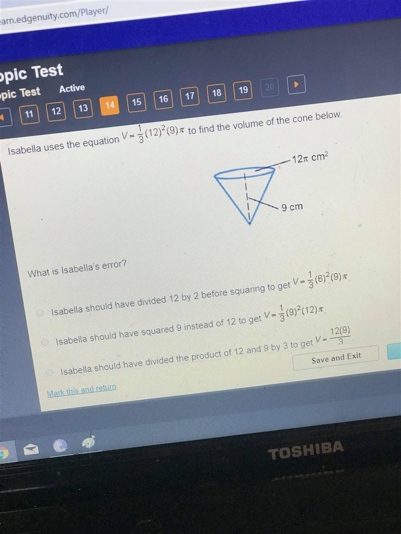 Isabella uses the equation to find the volume of the cone below.-example-2