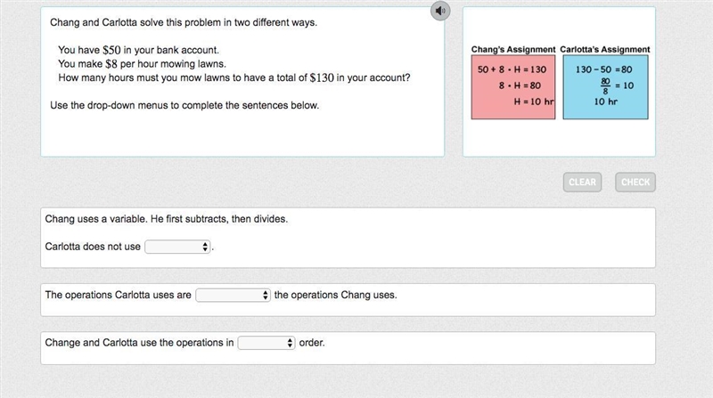 Chang and Carlotta solve this problem in two different ways. You have $50 in your-example-1