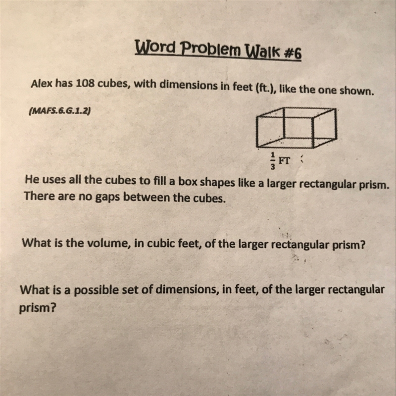 Alex has 108 cubes, with dimensions in feet (ft), like the one shown. He used all-example-1