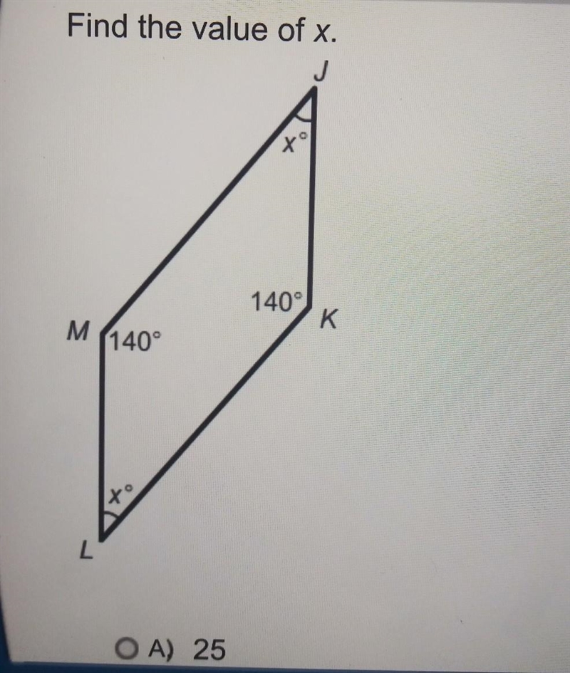 Find the value of x. a 25 b40 c45 d60​-example-1