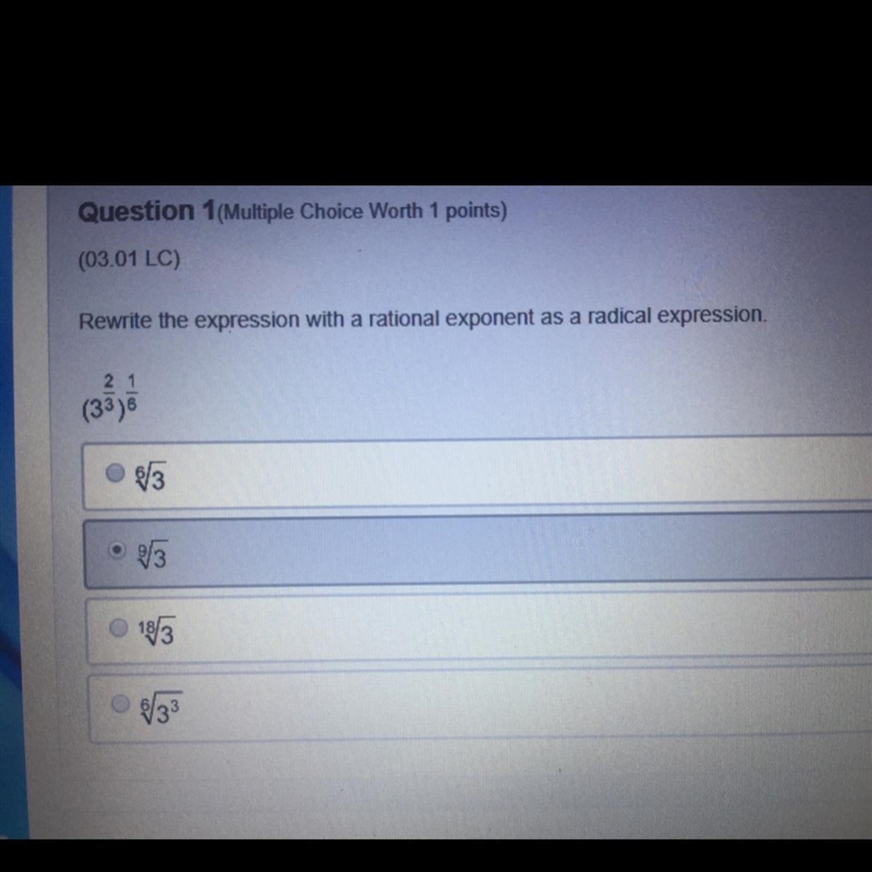 Help! Rewrite the expression with a rational exponent as a radical expression-example-1