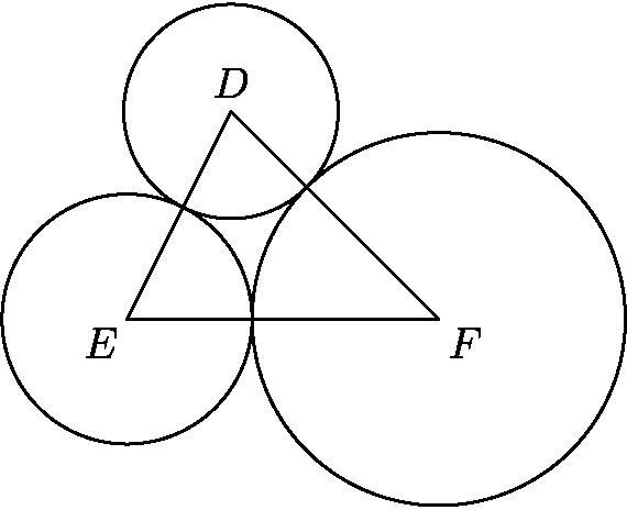 50 points, In triangle DEF, DE = 5, DF = 6, and EF = 7. Circles are drawn centered-example-1