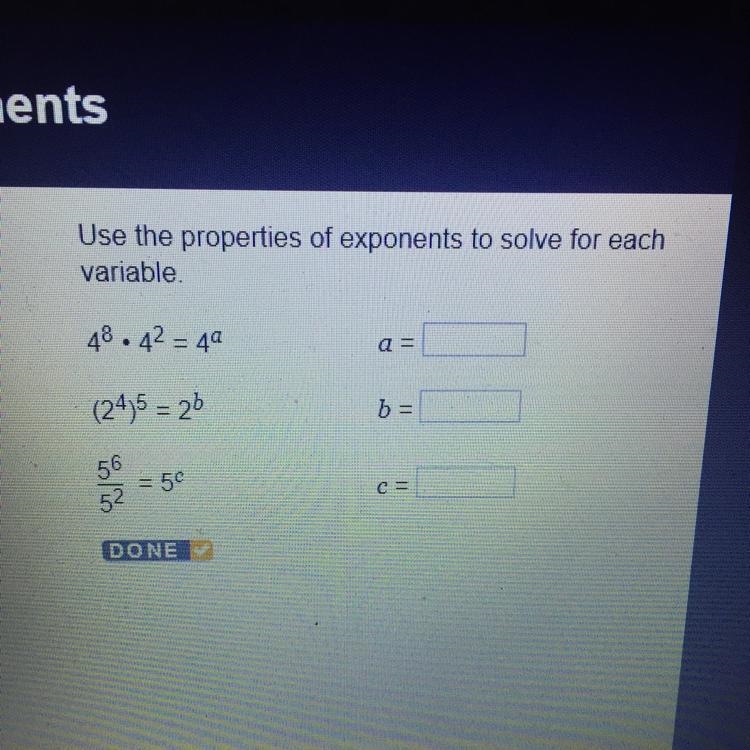 Use the properties of exponents to solve for the each variable.-example-1