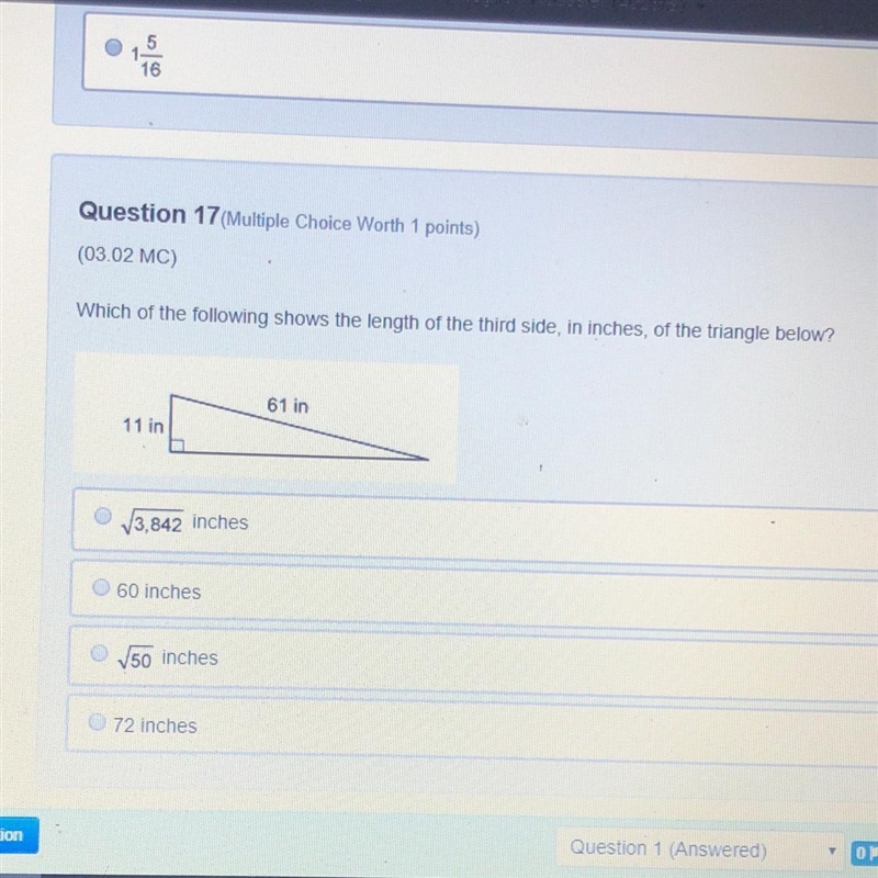 Which of the following shows the length of the third side, in inches, of the triangle-example-1