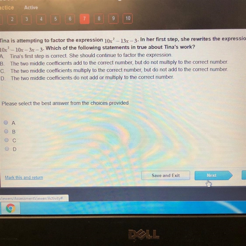 Tina is attempting to factor the expression 10x^2-13-3. In her first step, she rewrites-example-1