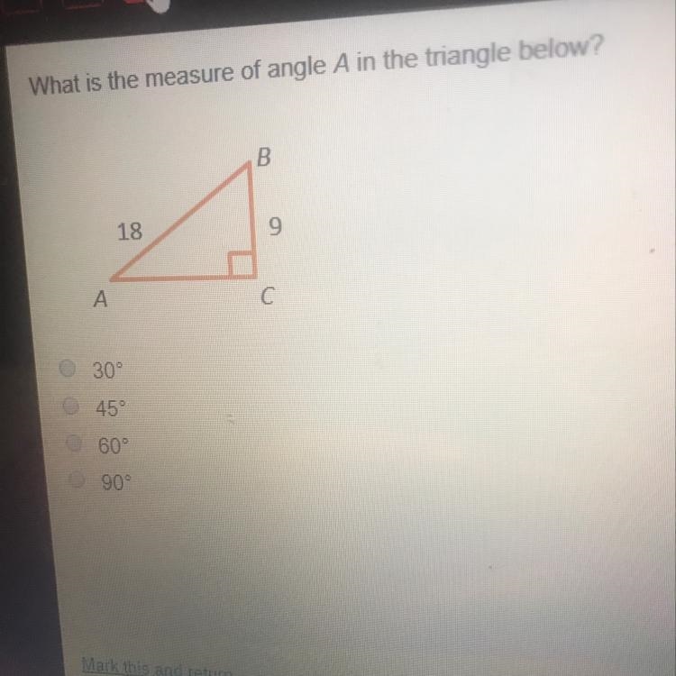 What is the measure of angle A in the triangle below?-example-1