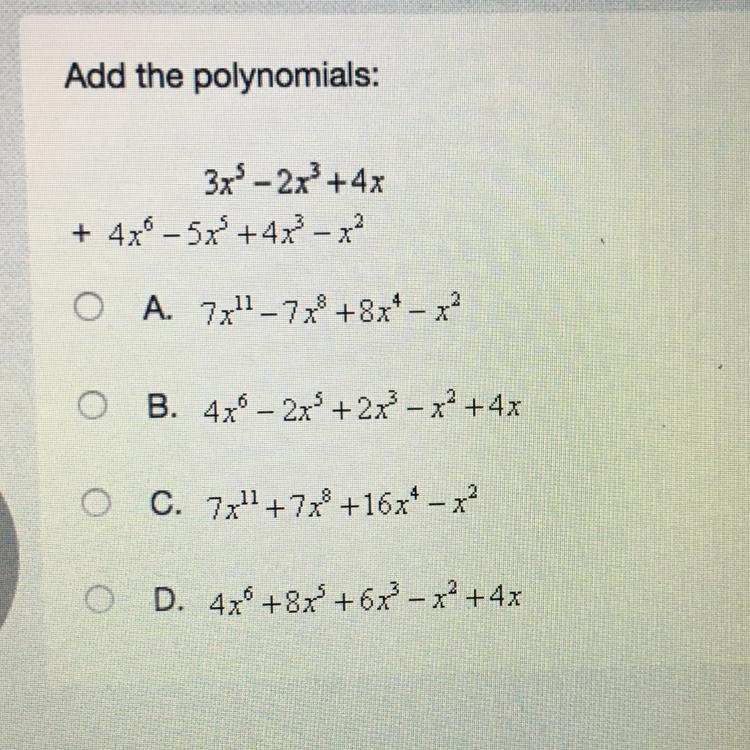 Add the polynomials 3x^5-2x^3+4x + 4x^6-5x^5+4x^3-x^2-example-1