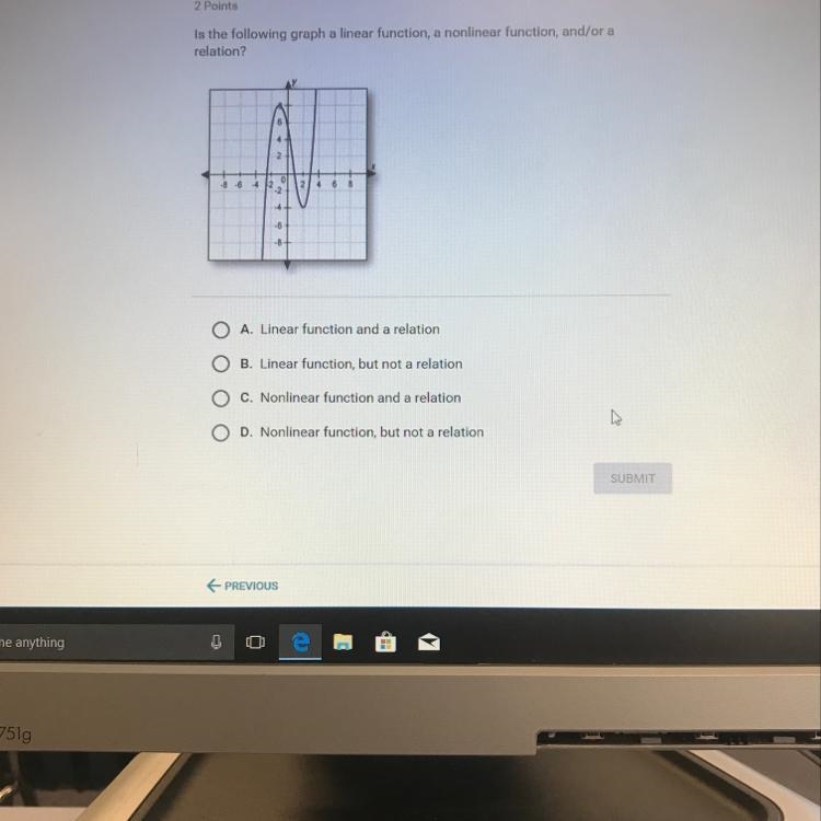 Is the following graph a linear function, a nonlinear function, and/or a relation-example-1