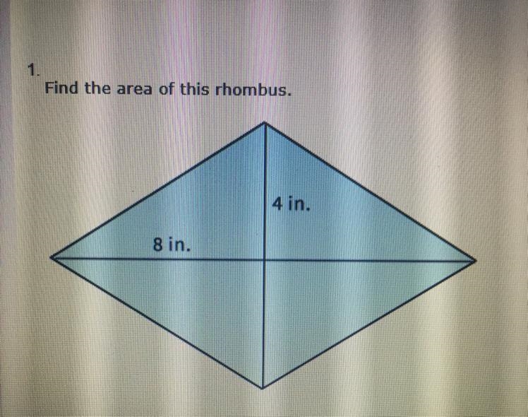 FIND THE AREA OF THE RHOMBUS!!!! PLEASE HELP!!!! A. 80in^2 B. 64 in^2 C. 128 in^2 D-example-1