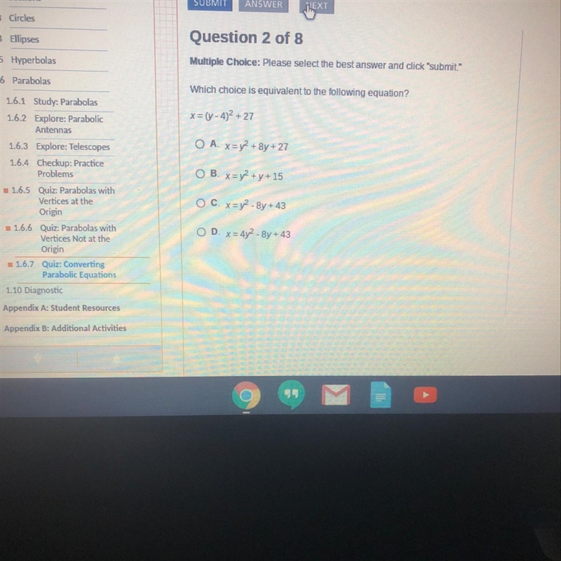 Which choice is equivalent to the following equation? x = (-4)^2 +27-example-1